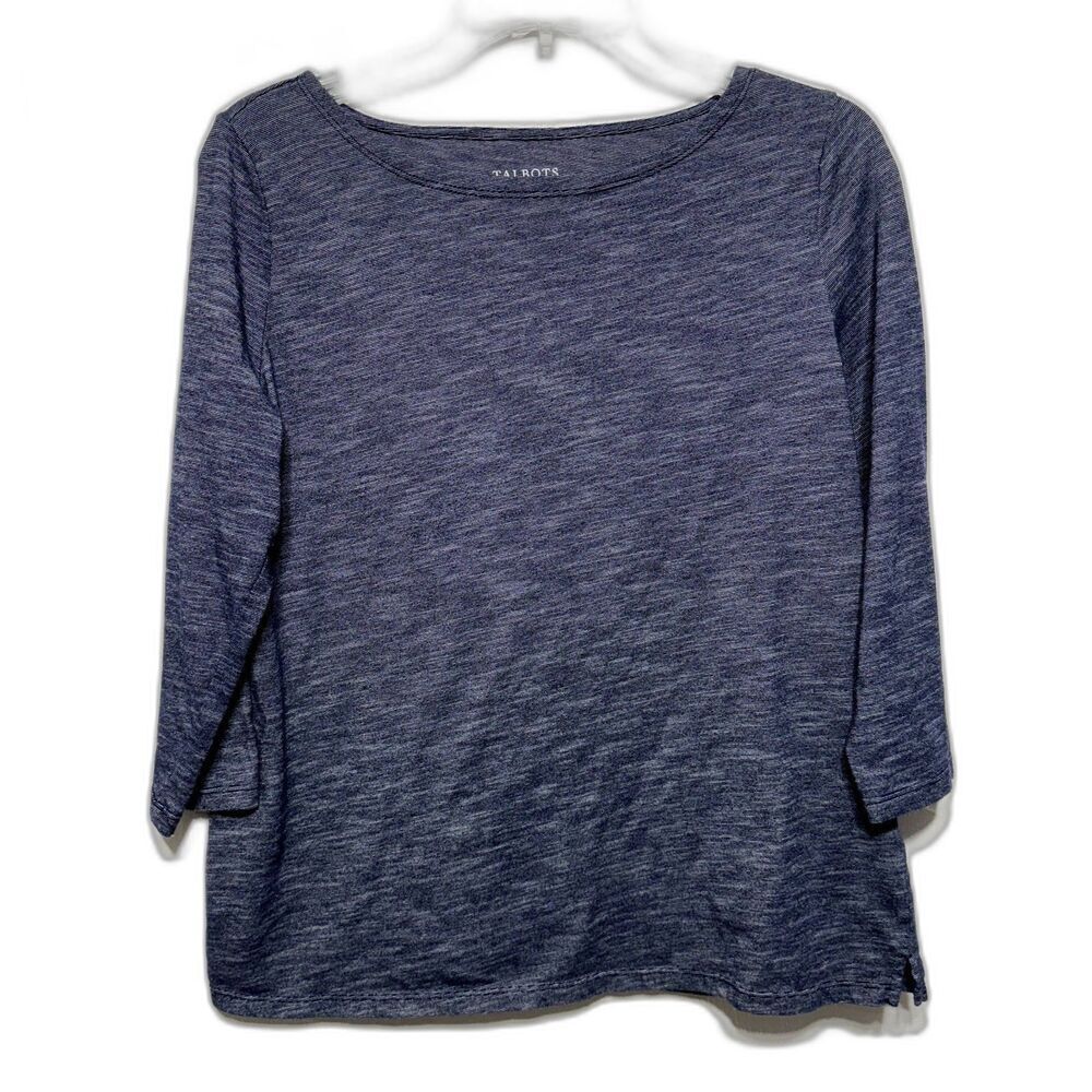 Talbots Blouse 3/4 Length Sleeve Top Blue Gray Round Neck Basic Women sz Medium